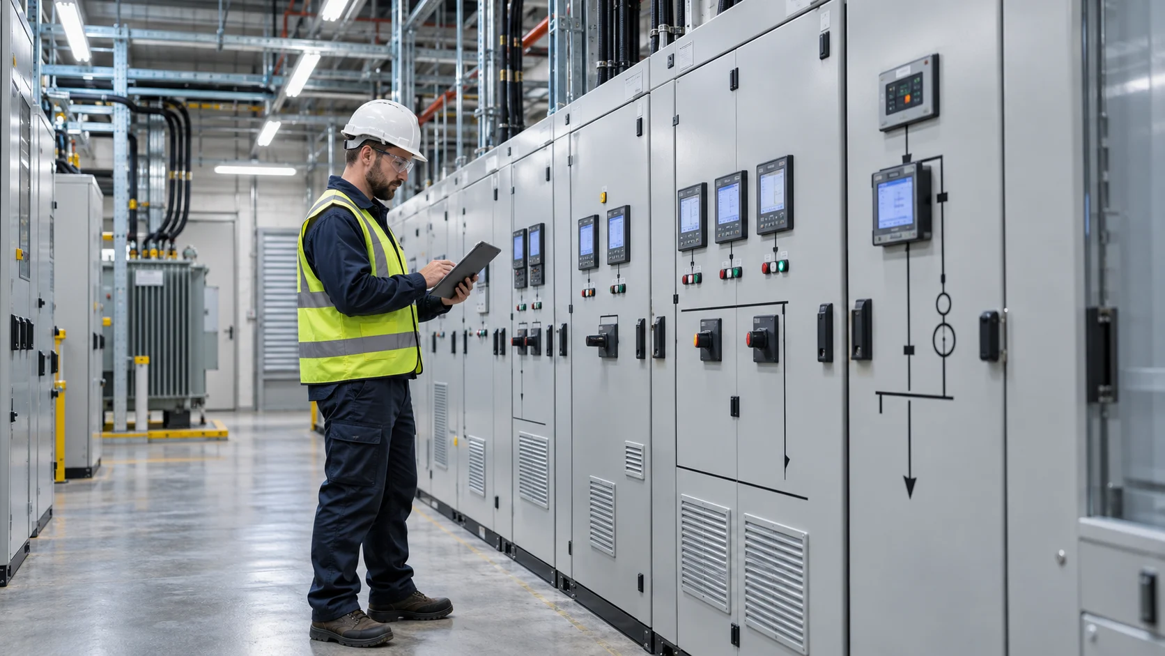 Engineer reviewing energy metering on closed electrical switchgear.