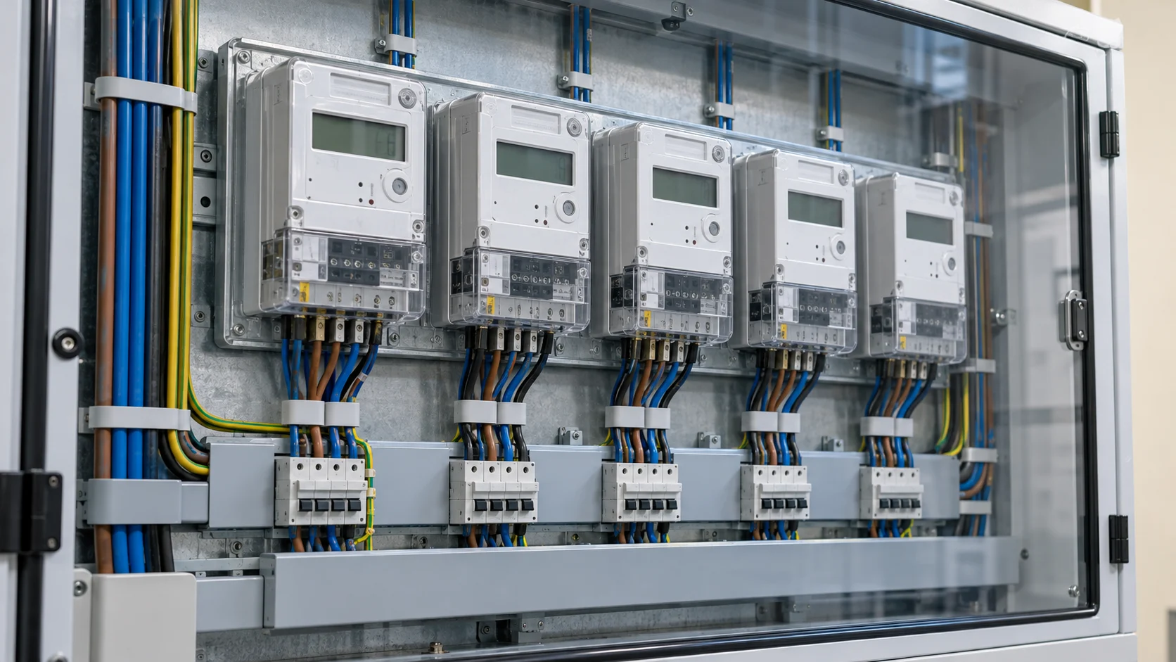 Electrical submeters installed behind a closed switchboard door.