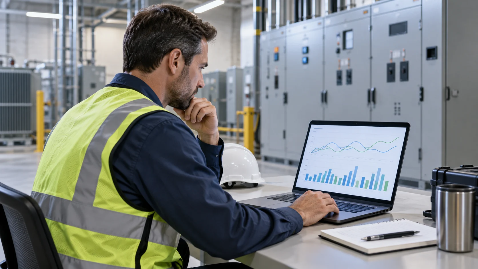 Engineer reviewing energy trends on a laptop in a commercial utility room.
