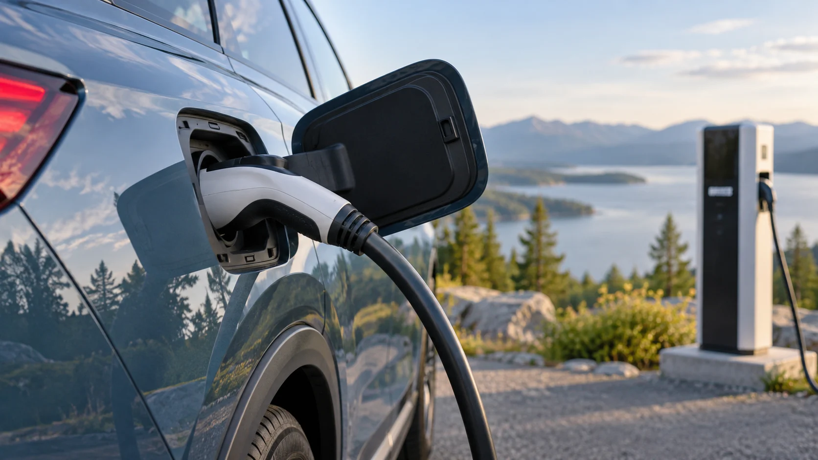 Charging connector seated in an electric vehicle charge port.