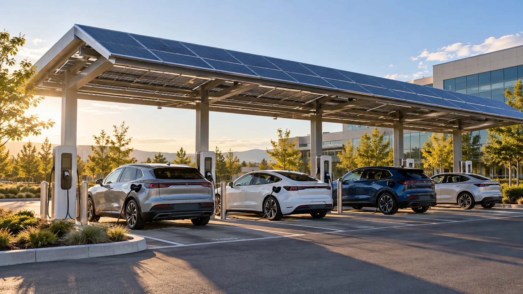 Electric vehicles charging beneath a solar parking canopy.