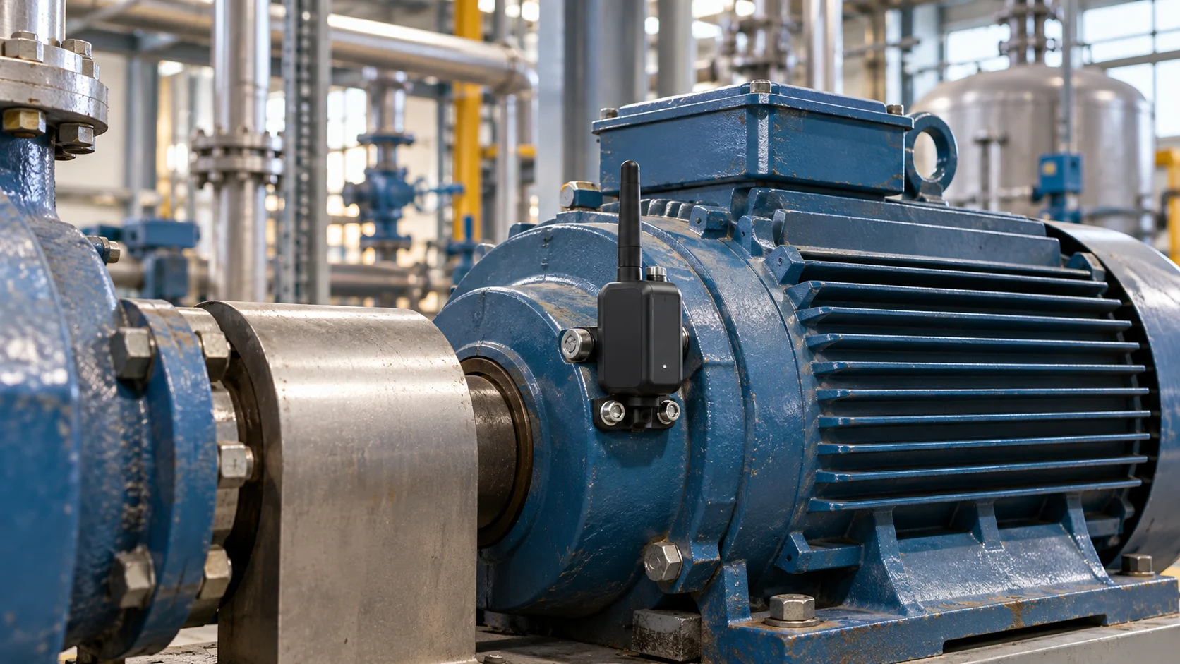 Wireless vibration sensor mounted on an industrial motor bearing housing.