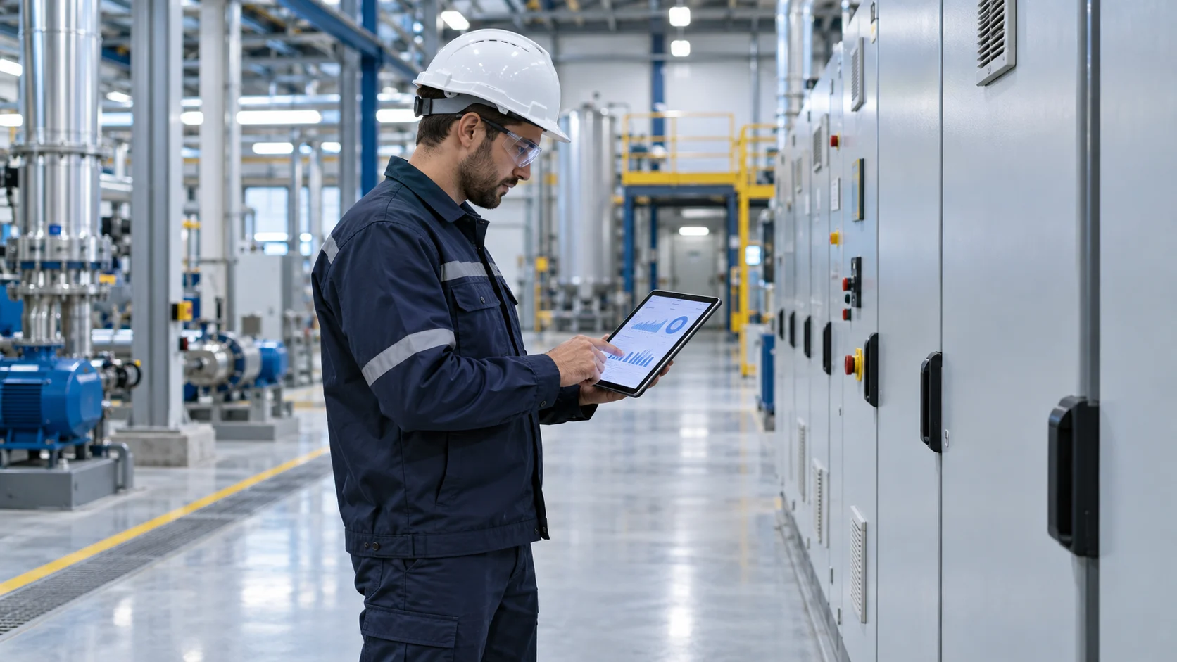 Maintenance engineer reviewing monitoring trends beside factory control cabinets.