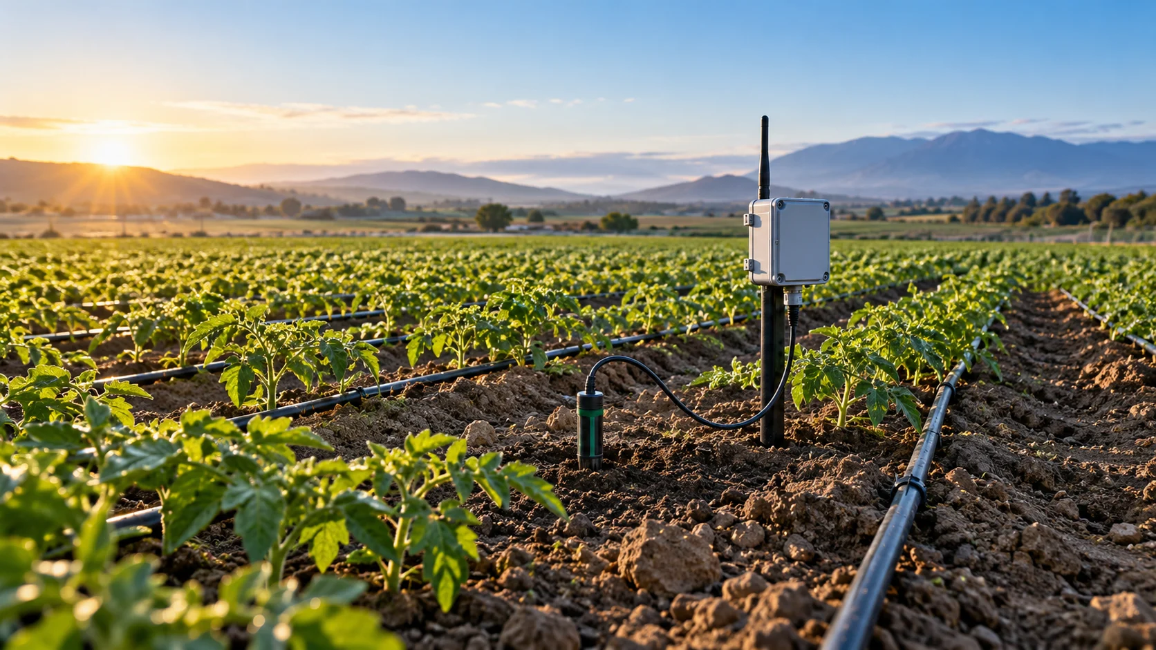 Soil moisture monitoring device and drip irrigation lines among healthy crops.