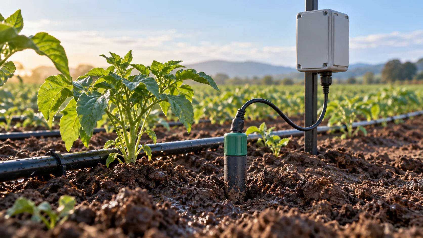 Soil moisture probe and field gateway beside a crop row and drip irrigation tubing.