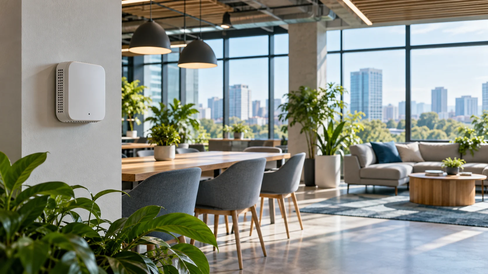 Comfortable commercial workspace with a wall-mounted environmental sensor.